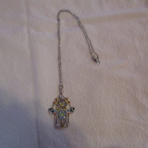 Hamsa Pendant Necklace Colorful and Napier Choker Silver Tone Metal - Picture 7 of 11
